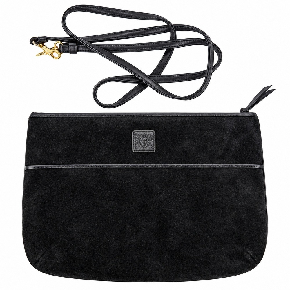 Anne Klein Clutch Bag Black Suede Leather Crossbody Vintage Lion Logo 90s